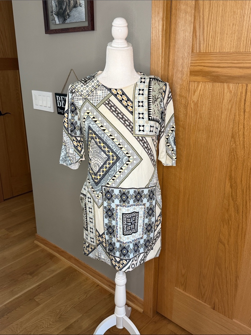 Etro Geometric Mini Dress in Cream, Blue and Gray